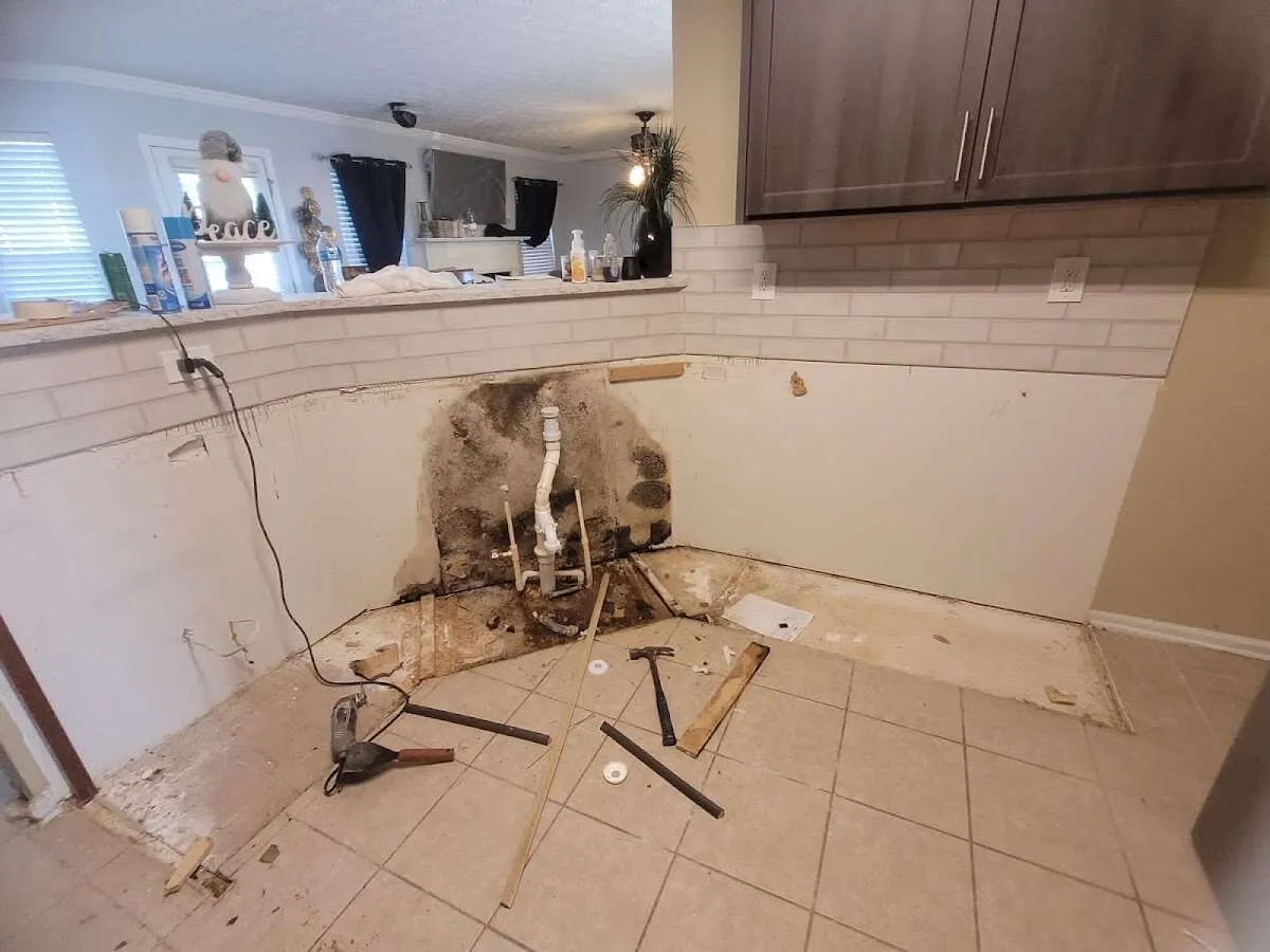 Mold behind wall with plumbing during Flood Damage Cleanup in Woodcliff Lake